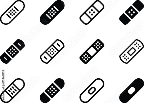 bandage, plaster, medical, first aid, injury, wound, healthcare, icon, symbol, design, graphic, adhesive, strip, black, white, outline, filled, isolated, white background