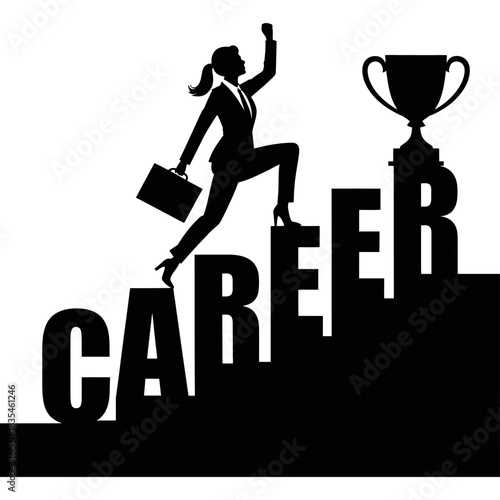 Silhouette of a businesswoman climbing stairs towards a trophy, symbolizing career success.