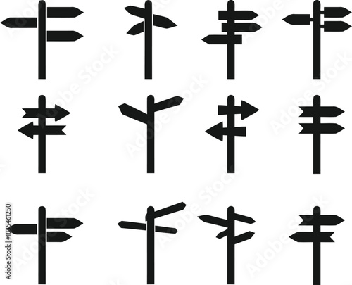 signpost, direction, arrow, navigation, choice, decision, crossroads, wayfinding, information, pointer, travel, journey, path, guidance, silhouette, graphic, design, icon, set, collection, grid, isola