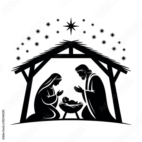A silhouette depicts the Nativity scene with Mary, Joseph, and baby Jesus in a stable.