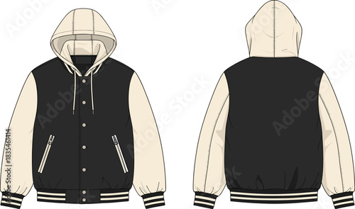 Hooded varsity jacket front and back view with striped ribbed trim, zippered pockets, button closure, fashion vector design template.