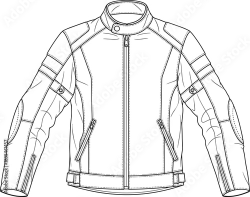Motorcycle jacket technical drawing with padded elbows, zippered cuffs, snap straps, diagonal pockets, high collar, fashion design template.