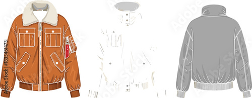 Three jacket styles technical illustration featuring bomber and parka designs with shearling collar, flap pockets, zipper closures, fashion template.
