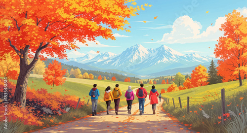Autumn hikers walking toward bright snowy mountains. Scenic fall trail with a group heading to the peaks. Warm autumn hike leading to majestic snowy ranges. Colorful fall path