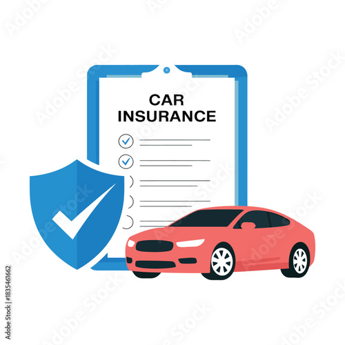 Car insurance policy document with a car and protection shield symbolizes safety and security.