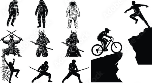 Astronauts, samurai, martial arts, extreme sports, adventure, action poses, combat, space, warrior, cliff jump, flat vector illustration