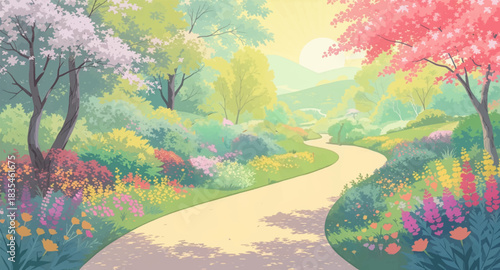 Pastel garden path glowing with soft morning light. Serene floral walkway in dreamy spring colors. Peaceful bloom-filled trail under gentle sunrise. Bright spring garden path lined with blossoms