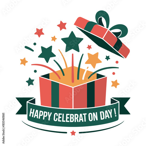 A festive gift box bursts open with stars and confetti, celebrating a special occasion.