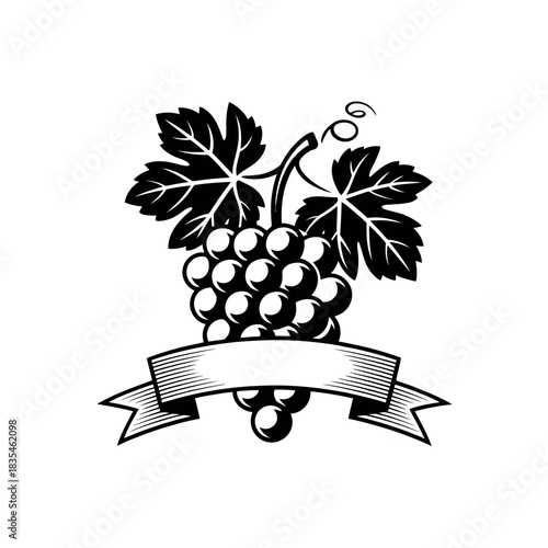 A bunch of grapes with leaves and a banner below it signifies a vineyard or wine production.