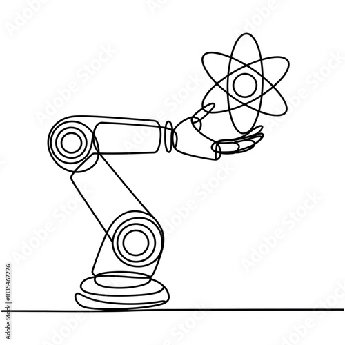 A robotic arm delicately holds an atom, symbolizing scientific advancement and artificial intelligence.