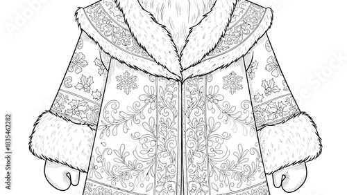Detailed line art illustration of a luxurious winter coat with intricate ornate patterns snowflakes holly berries and fur trimmed collar cuffs and hemline