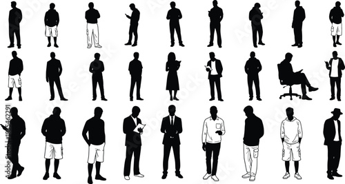 Silhouettes of people standing, sitting, holding devices, casual and formal outfits, diverse poses, modern lifestyle, black figures, flat vector illustration