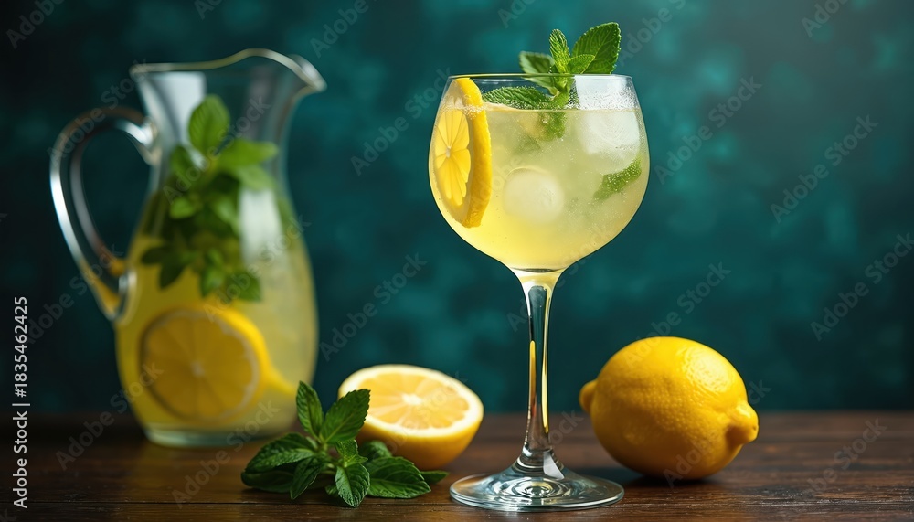 Fototapeta premium Refreshing lemonade with mint and lemon slice served in a glass. Pitcher with drink and ice sits on wooden table with lemons nearby. Refreshing summer beverage.