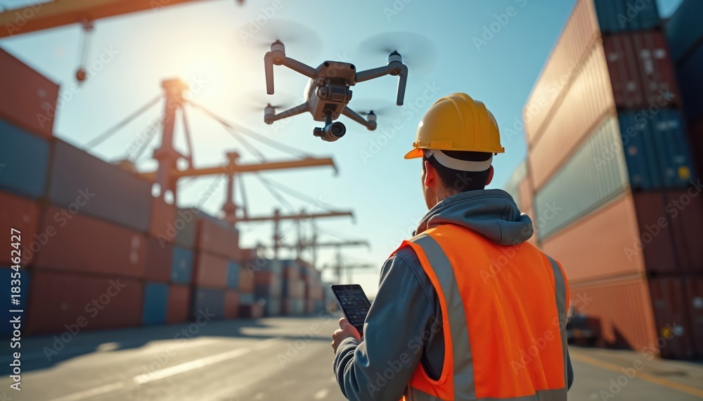 Obraz premium Man controls drone flying over cargo containers at shipyard. Inspector uses tech during logistic operation. Safety engineer in helmet makes freight control at dockyard. Drone inspection tech.