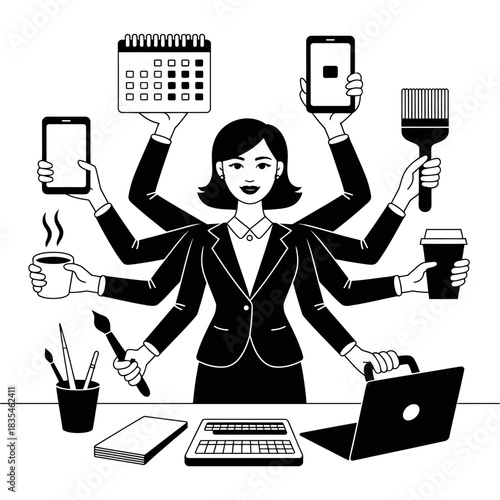 A multitasking businesswoman juggles multiple tasks and tools with many arms