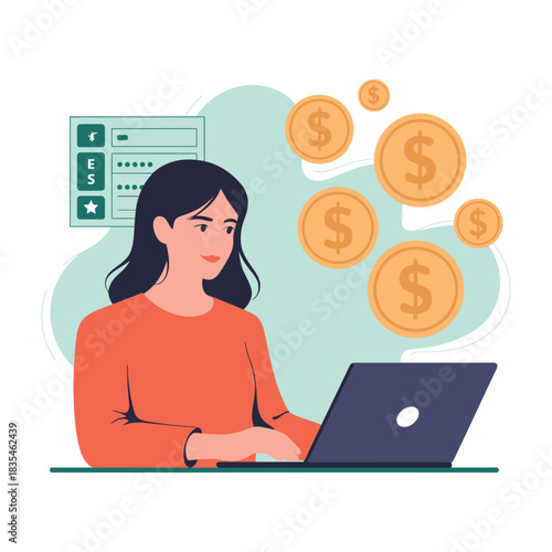 Woman earning money online using her laptop and digital banking services.