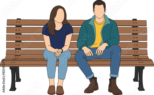 Two people sitting on bench, casual outfit, urban style, relaxed posture, jeans and boots, public space scene, flat vector illustration