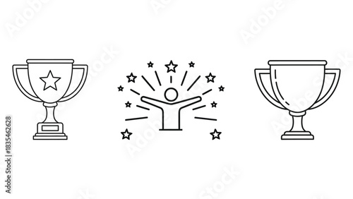 Trophy icons and a celebratory person symbolizing achievement and winning