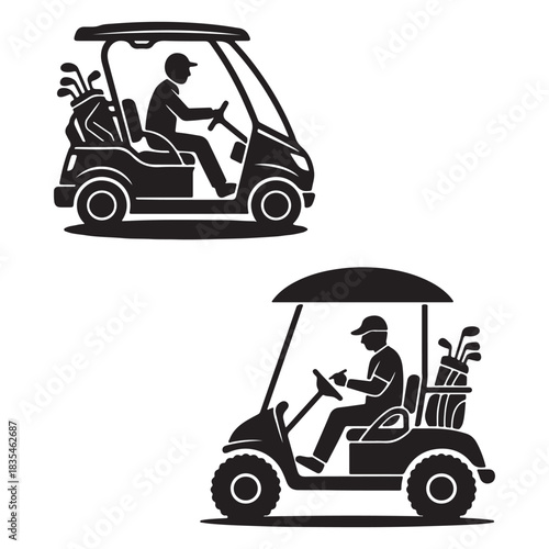 Black silhouette vector of a golf cart with two driver styles and bags
