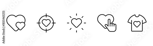 Heart, love, care, help, charity, and donation outline icons are set isolated on a white background in a flat vector illustration.