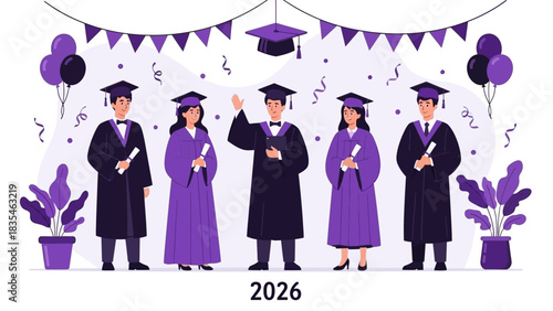Vector illustration of a diverse group of happy students in caps and gowns celebrating their graduation ceremony for the class of 2026