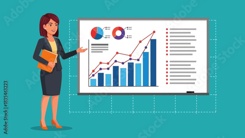 A professional businesswoman presenting a successful corporate strategy with data analytics charts, showing future growth and financial planning