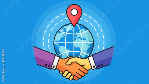 Global business partnership concept with a handshake over a world map. Future international collaboration and agreement strategy for 2026
