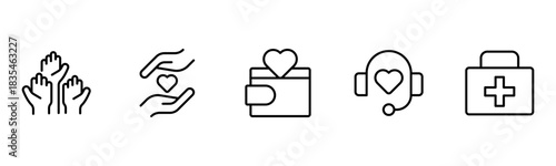 Heart, love, care, help, charity, and donation outline icons are set isolated on a white background in a flat vector illustration.