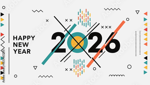 Happy New Year 2026 celebration banner featuring modern abstract geometric shapes and colorful lines in a trendy Memphis design style