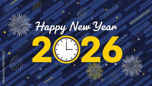 Festive Happy New Year 2026 banner with a countdown clock and fireworks display on a dark blue background