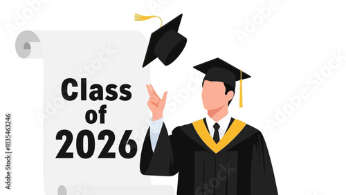 Male graduate in academic regalia joyfully throws his cap in the air celebrating the 2026 commencement ceremony