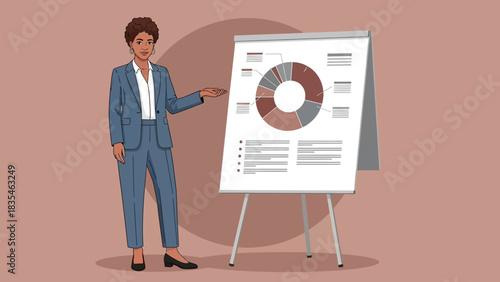 Businesswoman in a suit presents a 2026 market analysis pie chart on a flip chart for a corporate meeting