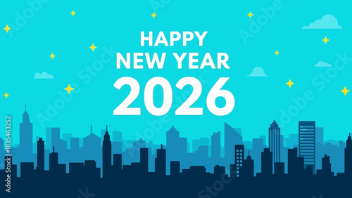 Modern flat vector graphic of a metropolitan cityscape at night with stars, celebrating the upcoming year of 2026 for a holiday greeting card
