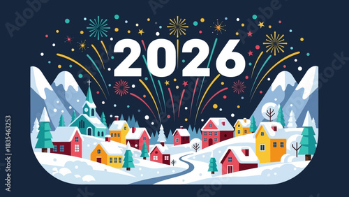 Festive 2026 New Year celebration with fireworks over a charming snowy mountain village at night