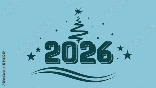 Festive New Year 2026 greeting card banner with a stylized Christmas tree. Holiday celebration vector illustration on a blue background