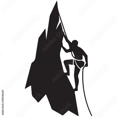 Black silhouette vector of a mountain climber scaling a steep rock face