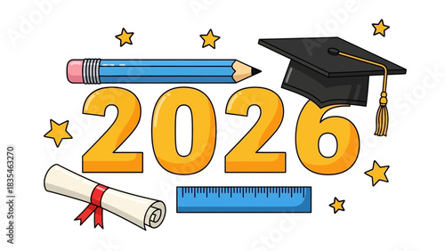 A festive cartoon design celebrating the graduating Class of 2026, complete with a mortarboard, diploma, pencil, and stars