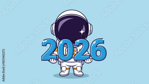 Cute cartoon astronaut in a spacesuit holding the numbers for the New Year 2026. A space exploration and celebration concept illustration