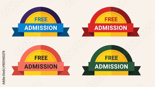 Set of colorful free admission labels with ribbon banners, vector graphic elements for event promotion