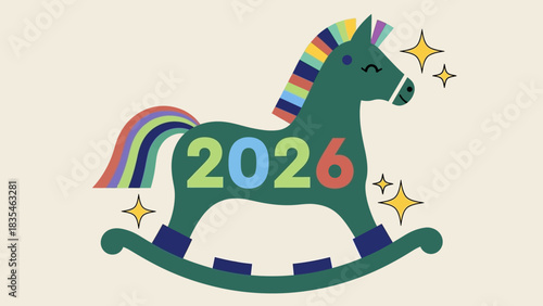 A festive flat vector illustration of a cute rocking horse with a rainbow mane, symbolizing the Chinese New Year of the Horse in 2026
