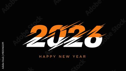 Modern 2026 number design for a Happy New Year greeting card or banner. Sporty slashed text effect on a dark background