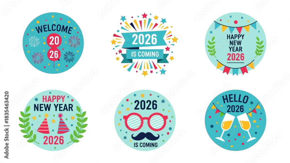 Obraz premium A festive collection of colorful New Year 2026 celebration badges and labels. Flat design vector sticker set for greetings
