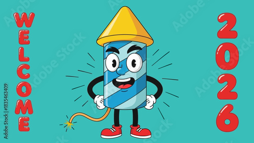 A cheerful cartoon firework rocket mascot with a big smile and a lit fuse welcoming the new year celebration of 2026