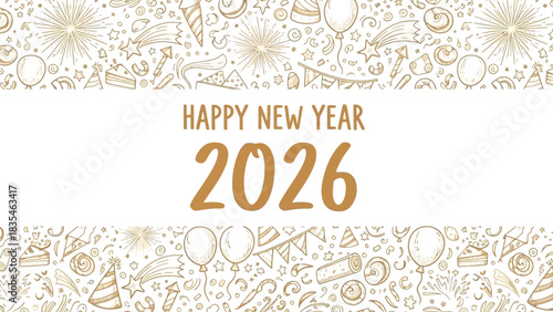 Festive Happy New Year 2026 greeting card banner with hand-drawn doodle party icons and celebration elements