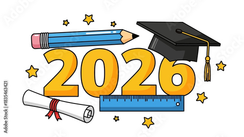 Class of 2026 graduation concept with mortarboard cap, diploma scroll, and school supplies. Cartoon vector illustration for students
