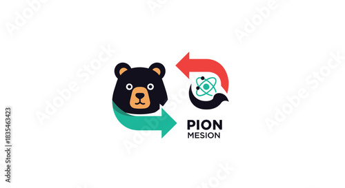 Cartoon logo of a bear face & an atom, linked by arrows, reading "PION MESION