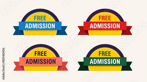 Set of colorful free admission labels with ribbons. Vector illustration badges for events, cinema, or party entry tickets