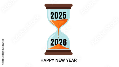 An hourglass symbolizes the transition from the year 2025 to 2026, representing a New Year countdown and celebration