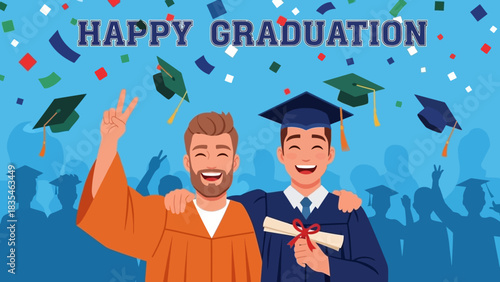 Two happy male graduates celebrating academic success in gowns with a diploma and falling confetti