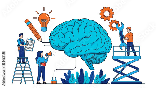 A collaborative team working on a large brain with gears and a lightbulb, symbolizing creativity, brainstorming, and mental development